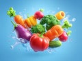 A vibrant still life of 3D cartoon broccoli and bell peppers, floating against a blue backdrop in a studio setting Bright Royalty Free Stock Photo