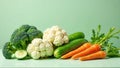 A vibrant still life featuring fresh broccoli, cauliflower, cucumbers, and carrots arranged on a light green surface. Generative Royalty Free Stock Photo