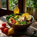 Colorful Salad Bowl with Grilled Chicken and Lemon Wedges