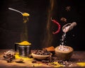 Still life .Spices in movement, colors and flavors Royalty Free Stock Photo