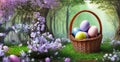 Easter Eggs in wicker basket surrounded by flowers Royalty Free Stock Photo