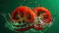 Tomatoes and water Splashing on a green background