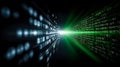 Digital stream of binary code flows toward a bright green light, representing technological advancement and data Royalty Free Stock Photo
