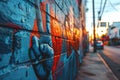 Urban Street Art Peace Sign Graffiti at Sunset, AI Generated Royalty Free Stock Photo