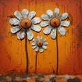 Vibrant Street Art Sculpture: Textured Daisies On Orange Background