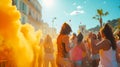 Vibrant street festival with joyful crowd enjoying colored smoke. summer event celebration in city. youth culture