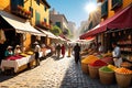 A Vibrant Street Market Bustles with Activity: Vendors Showcase an Array of Exotic Spices and Colorful Fabrics