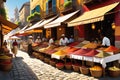 A Vibrant Street Market Bustles with Activity: Vendors Showcase an Array of Exotic Spices and Colorful Fabrics