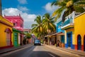 A vibrant street in a tropical city