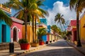 A vibrant street in a tropical city