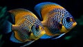 Vibrant striped clown fish swim in colorful reef background underwater generated by AI Royalty Free Stock Photo