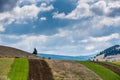 Vibrant, striped green agricultural field at springtime, dark dramatic stormclouds