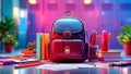 Vibrant student backpack school supplies on desk in classroom Royalty Free Stock Photo