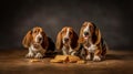 Vibrant Studio Capture of Basset Hound Trio Snagging Treats - Generative AI Royalty Free Stock Photo