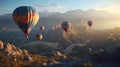 Vibrant and Stunning, Colorful Hot Air Balloons Over Scenic Mountains