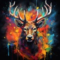 A vibrant, stylized deer head illustration with colorful splashes and drips on a dark background, creating a dynamic and modern