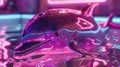 A vibrant, stylized dolphin in a glossy, neon-lit environment with water reflections Royalty Free Stock Photo