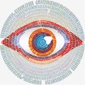 A vibrant, stylized human eye is composed entirely of tiny, repeating instances of the word \