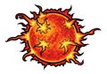 A vibrant, stylized illustration of a fiery sun. The sun is depicted as a circular object with a Royalty Free Stock Photo