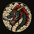 Traditional Asian Dragon Head Illustration in Circle with Clouds Royalty Free Stock Photo