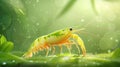 Vibrant Green and Yellow Shrimp on Lush Green Leaf in Nature Royalty Free Stock Photo