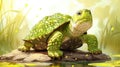 Serene Green Turtle on a Rock in a Gentle Rain Royalty Free Stock Photo