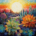 Vibrant Succulent and Cacti Landscape in Pointillism Style