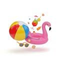 Vibrant Summer Fun with Flamingo Pool Float, Beach Ball and Sunglasses, AI Generated Royalty Free Stock Photo