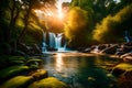 A vibrant summer landscape along a tranquil river, with colorful flora and a beautiful sunrise painting the sky.