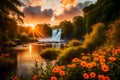 A vibrant summer landscape along a tranquil river, with colorful flora and a beautiful sunrise painting the sky.