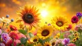 Vibrant summer meadow with sunflowers and assorted blossoms basking in golden sunlight. Generative AI Royalty Free Stock Photo