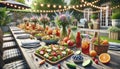 Summer Backyard Party with Tables of Salads, Fresh Fruits, and Cold Drinks Royalty Free Stock Photo