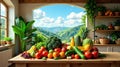 Vibrant summer produce displayed on rustic kitchen table against panoramic mountain view. Generative AI Royalty Free Stock Photo