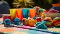 Vibrant summer table decoration with colorful toys generative AI