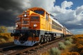 Vibrant summer train, moving under cloudy skies on a hot day
