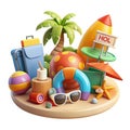 Vibrant summer vacation scene with beach items and palm tree isolated on white background Royalty Free Stock Photo
