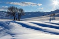 A vibrant sun casts a radiant glow on a snowy landscape, illuminating the gleaming white terrain, Late afternoon sun casting long Royalty Free Stock Photo