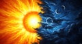 Vibrant sun and moon contrasting day and night celestial phenomenon visual Royalty Free Stock Photo