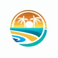 Vibrant Sun palm trees Beach logo vector illustration Royalty Free Stock Photo