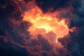 A vibrant sun shines through the billowing clouds, casting a warm glow and illuminating the sky, Glowing sunset peeking through Royalty Free Stock Photo