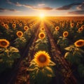 Vibrant Sunflower Blooming in a Vast Field Under a Clear Blue Sky Royalty Free Stock Photo