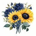 Vibrant Sunflower Bouquet With Blueberries On White Background
