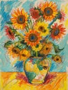 Vibrant Sunflower Bouquet in Vase - Expressive Acrylic Painting Royalty Free Stock Photo