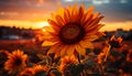 Vibrant sunflower shines in nature beauty, meadow under sunset generated by AI