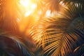 Vibrant sunny backdrop palm leaves with golden sun light