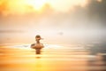 vibrant sunrise behind duck on misty waters Royalty Free Stock Photo