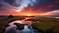 Vibrant Coastal Landscape: Setting Sun Over Marsh With River