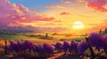 Vibrant Sunrise: A Neo-geo Matte Painting Of Romantic Vineyards