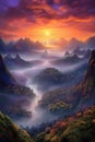 vibrant sunrise over a misty valley