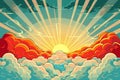 Vibrant sunrise over stylized clouds in a retro comic style